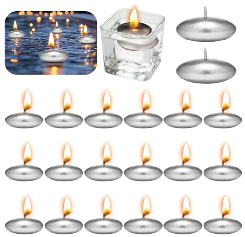 20 Pezzi Candele Galleggianti Candele Metalliche Argento Metallizzato, Candele Galleggianti Non Profumate Metallo 37mm Candele Decorative Galleggianti per Matrimonio, Feste in Piscina, SPA, Vasca da