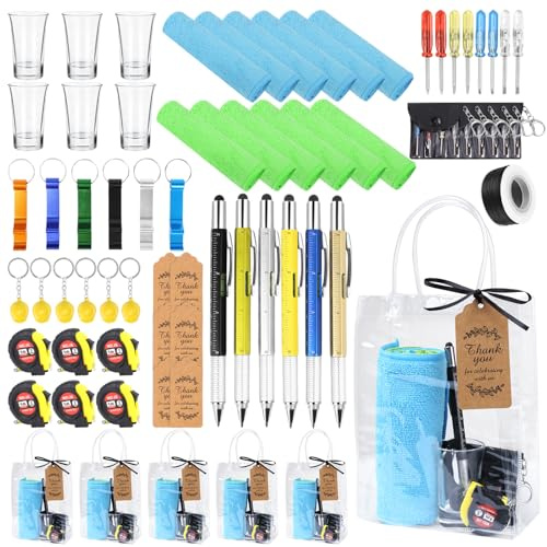61 Pcs Baby Shower Prizes for Men with Cleaning Cloth, Bottle Opener, Screwdriver, Tape Measure, Transparent Tote Bag, Keychain, Multi Tool Pen,Baby Shower Game Prizes for Men Bachelor Party