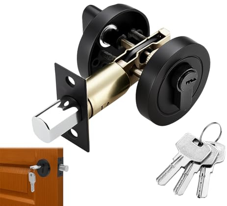 Single Cylinder Deadbolt Black Round Security Door Lock with Key, Zinc Alloy Deadbolt, Standard Size for Bathroom, Bedroom, Entrance Door Lock, Interior and Exterior (Black)