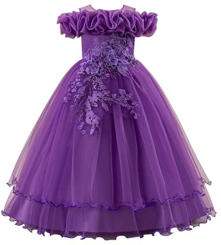 Robes pour filles - Robes pour filles - Robe de fille élégante - Pour mariages décontractés - Avec épaules dénudées - Jupe tutu pour enfants de 7 à 12 ans, Violet foncé., 9 ans