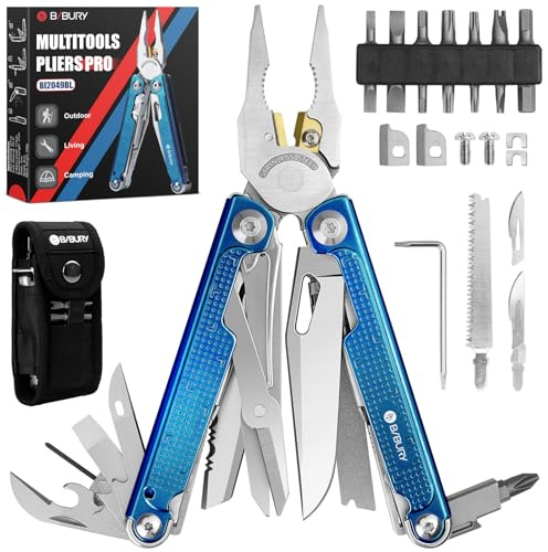 BIBURY Multitool Pliers BI2049BL with Blue Titanium Handle, EDC Multi Tool with Replaceable Wire Cutter, Full-Size Scissors and Screwdirver Set, Heavy Duty Hand Tool for DIY, Repair, Camping, Survival