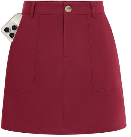 Kate Kasin Women's Linen Mini Skirt Summer Elastic High Waist Wrap Skirts Chic Casual Outfit with Shorts Underneath & Pocket Dark Red M