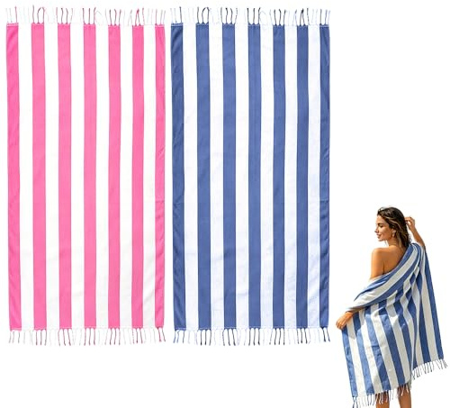 2 Pcs Turkish Beach Towel Cotton Lightweight Sand Free Blanket Quick Dry Serviette de Plage Towels for Swimming Camping Accessories Women Summer Vacation Essentials Gift 71 x 36 (Pink,Navy blue)