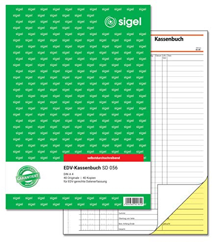 SIGEL SD056 Kassenbuch EDV A4, 2x40 Blatt, selbstdurchschreibend, mikroperforiert, mit Abheftlochung, aus nachhaltigem Papier