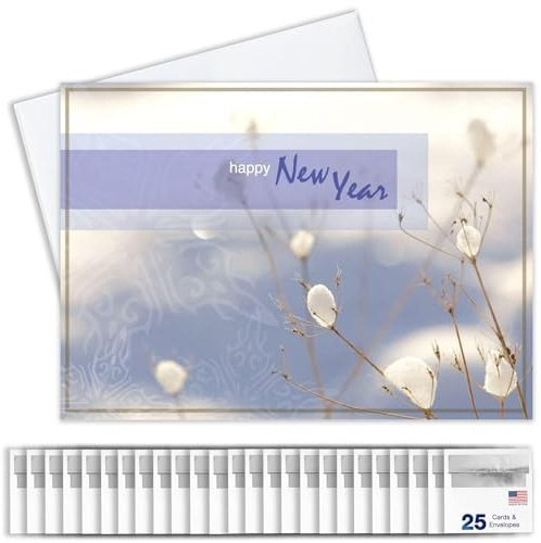 New Years Cards for Business & Family (Winter Branches) Greeting Card Set Pack of 25 Happy New Year Cards with Envelopes for 2026 (5x7 inch - A7) Great for Office, Work, Employees & Clients N9004