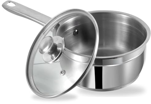 Stainless Steel Two Tone Saucepan with Glass Lid - Induction Friendly (1100 ml - Diameter 14 cm)
