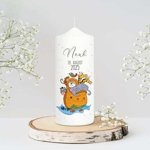 Wandtattoo Loft Patenkerze personalisiert Motiv Boot Arche Noah Tiere - Patenkerze zur Taufe, Geburt oder Kommunion – Kerze weiß 18 x 7 cm mit Name und Datum
