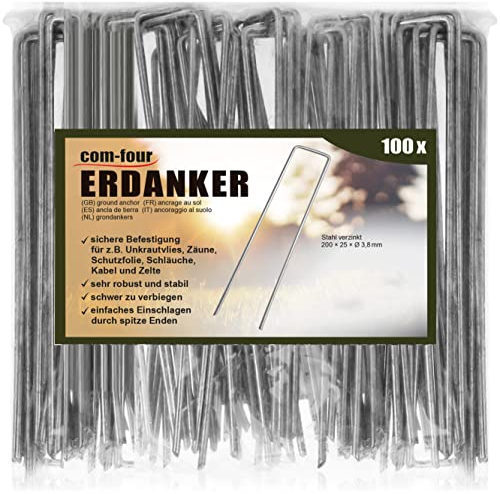 com-four® 100x Erdanker 200x25x3,8mm aus beschichtetem Stahl - robuste Erdnägel zur Befestigung von Unkrautvlies und Folien - Bodenanker für Garten und Camping - eckig (100 Stück - 200x25x3.8mm)