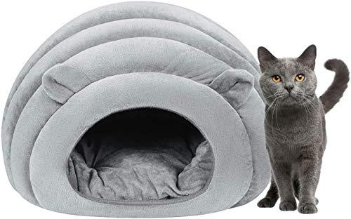 Qchomee Cat Cave Bed Cat Igloo Soft Washable Cat Beds Cat Sleeping Bag Self Warming Cat House Pet Bed for Kitten Puppy Small Dog Animals,Detachable Cushion,42x38x33cm (Grey)