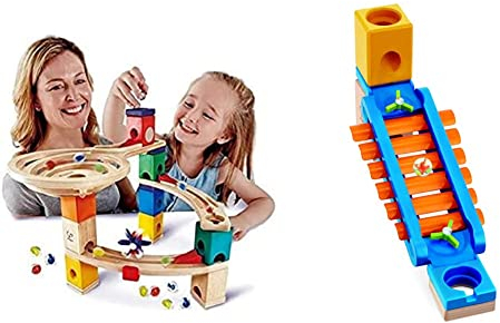 Hape E6021 Starter Set Quadrilla, Kugelbahn mit 27 Bauteilen aus Holz und 30 Murmeln, ab 4 Jahren & Hape E6022 6022 - Klingender Spielplatz, Zubehör für Quadrilla Kugelbahnen, Xylophon-Rutsche
