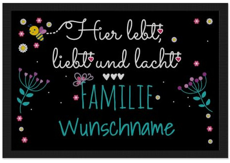 Print Royal Fußmatte mit Spruch - Lebt Liebt Lacht - Familie - Selbst Gestalten mit Wunschnamen - Herzen weiß 75 x 50 cm