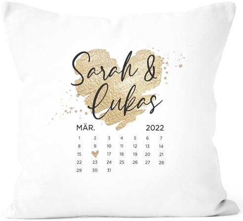 SpecialMe® Kissen-Bezug Liebe Kalender personalisiert mit Namen Datum Herz Geschenk Männer Frauen Hochzeit Valentinstag Weiss 40cm x 40cm