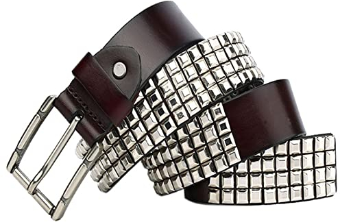 Echtleder Ledergürtel Punk Rock Nietengürtel 4 Reihen Pyramidennieten Metall Ledergürtel Jeans Rock Cosplay Gürtel Stücke für Damen Herren,38mm Breit,Kaffee,105cm/waist:34~36