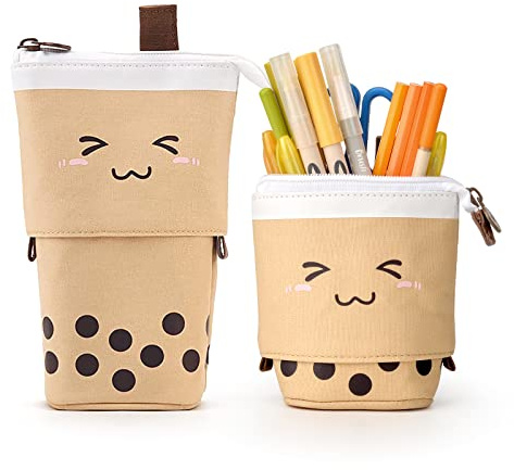 Katz Schön Stehendes Mäppchen, Handy Einziehbares Federmäppchen, Praktische Leinwand Stifte Etui für Schule & Uni, Stifthalter Federtasche für Teenager Mädchen Jungen Kinder Erwachsene,Braun & Punkt