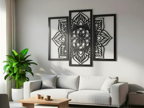 Vailla Lotus Déco Murale Bois 3D – Tableau Salon Chambre Bureau Entrée XXL | MDF, Découpé au laser, Lotus mandala, 5 tailles, Noir Argent Or, personnalisable, Salon Chambre