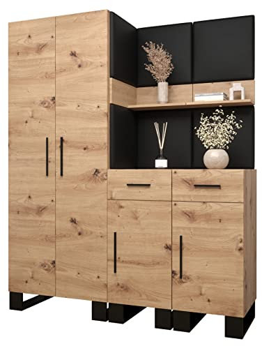 MEBLE KRYSPOL Garderobe Artin Set 7 mit gepolsterten Paneelen Industriell Design (Artisan Eiche + schwarzes Öko-Leder)