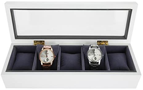 Cyrank Uhrenbox mit 5 Fächern, Holz-Uhrenvitrine mit Glasdeckel, Uhrenbox für Männer und Frauen(Weiß)
