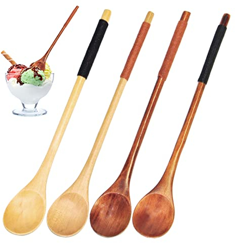 Cucchiaio di Legno Naturale, Manico Lungo Multifunzionale Cucchiaio Da Caffè per Tè Miele Zuppa Miscelatore Cucchiaio Da Cucina Accessori (4)