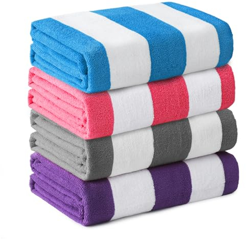 Whale Flotilla Juego de 4 Toallas de Playa de Microfibra, Toalla de Baño Piscina Ducha con patrón de Rayas de Colores, Rojo,Gris,Azul,Morado, 76 x 152 cm.