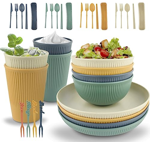 Picknick Geschirr, AolKee Camping geschirr set 4 personen, Camping Teller, Kunststoffteller, Schüsseln, Tassen, Gabeln, Outdoor Essgeschirr Campingbesteck Kunststoff Picknick Set