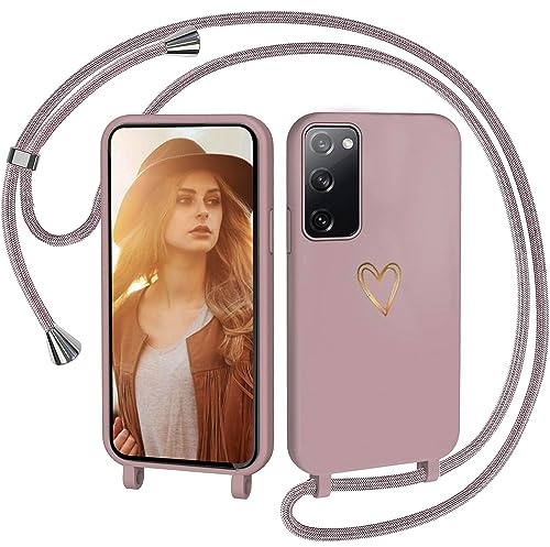 CaseLover Handyband für Samsung Galaxy S20 FE 4G/5G Hülle mit Band, Pink | Herz Muster, Silikon Necklace Handyhülle mit Abnehmbar Kordel zum Umhängen, Stossfest Bumper Handy Schutzhülle Case