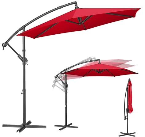 SONGMICS Sonnenschirm, Ampelschirm 300 cm d, mit Ständer, UV-Schutz UPF 50+ | Balkonschirm, mit Kurbel zum Öffnen und Schließen, für Terrasse, Garten, rot, SHELD Kollektion GPU116R01