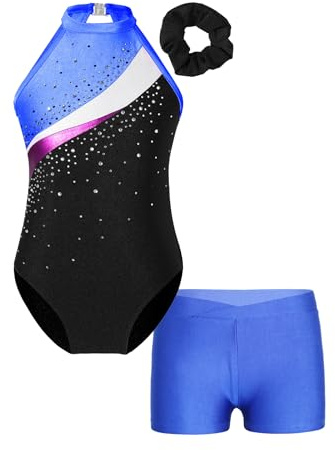 Oyolan Barn flicka gymnastiktrikåer strass med shorts dans gym skridskoåkning kostym show träning 5–16 år, Färg: blå, 11-12 �r