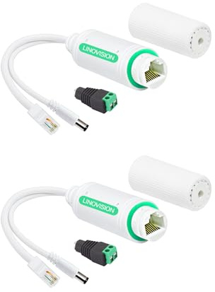 LINOVISION DC12V Wasserdichter POE-Splitter, 10/100Mbps Outdoor Power Over Ethernet Splitter, IEEE802.3af/at POE zu DC Stromversorgung für Sicherheitskameras, Wireless AP, VoIP Telefon (2 Pack)