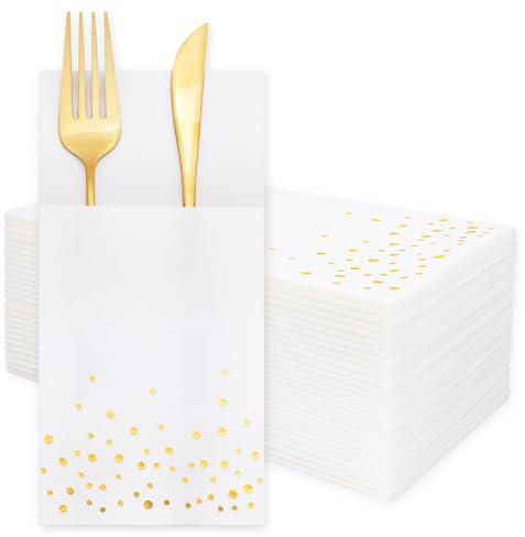 JarThenaAMCS 50Pcs Disposable Linen-Feel Dinner Napkins with Built-in Flatware Pockets White Gold Foil Dots Prefolded Cloth Like Paper Napkin with Cutlery Pouch for Dining Party Table Service Decor