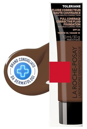 La Roche-Posay, Toleriane Concealer-Fluid, Foundation mit langem Halt, 16H, hohe Deckkraft, geeignet für empfindliche bis zu Akne neigende Haut, LSF 25, Farbton 19, 30 ml