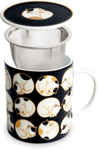 Lujo - Taza de té con filtro - Gatos - Vaso de té de 300 ml - Taza de té grande con tapa - Porcelana - Vaso de té con filtro - Filtro de té - Juego de taza de té - Taza de té con colador y tapa - Taza