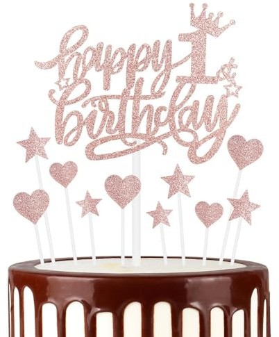 11pcs Happy 1st Birthday Cake Toppers, Rose Gold Cake Cupcake Toppers for Cake, Glitter Heart Stars Cake Toppers, Birthday Gift, Personalised Cake Topper for Girls Babies 1st Birthday Cake Decorations