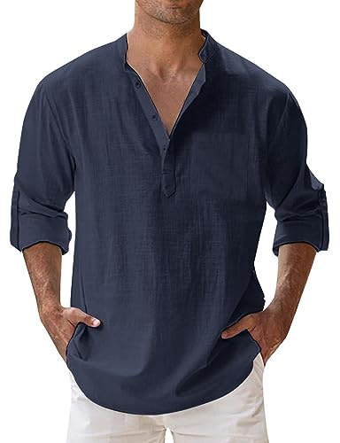 T Shirt Oversize Homme Col Mao, Chemise Manches Longues Homme Grandes Tailles Blouses Pullover avec Poche Ample Couleurs Pures été Top Respirant Léger Décontractées Polyvalent Haut Coupe Normale