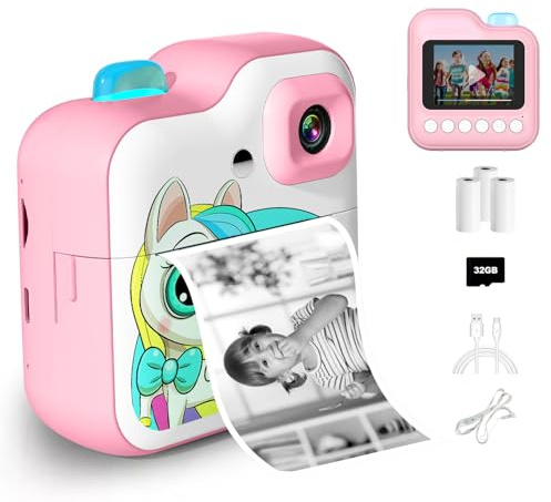 Macchina Fotografica Bambini Istantanea, 2.4 Pollici/1080P HD Fotocamera Istantanea Bambini Digitale con Carta da Stampa e 32G Scheda, Regalo per Bambini 6 anni e oltre（rosa）