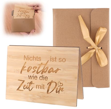 WINKIO Holzgrusskarte mit Pergamentpapier Umschlag mit Schleife, Geeignet für Grußkarten, Einladungen, Hochzeitskarten, Geburtstagskarten und Liebesbriefe (Nichts ist so kostbar wie die Zeit mit Dir)