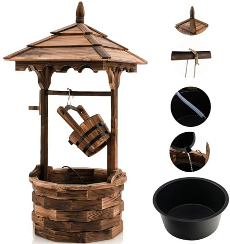 TANGZON Wood Garden Wishing Well, Fountain Barrel Well Container with Electric Pump, 5 Adjustable Flow Rates, 12.1L Water Bucket, Ornamental Decorative Fountain for Patio Yard