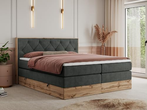 MKS MEBLE King Boxspringbett 180x200 mit Kopfteil und Bettkasten, Polsterbett mit Matratze H3 und Topper T25, Wotan Eiche Dekor - Dunkelgrau Strukture - Veneto King