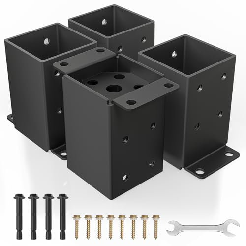 QZER 4×4 Post Base, Inner Size 3.5x3.5 Deck Post Brackets, Heavy Duty Metal Black Powder Coated Fence Post Anchor Base for Pavilion Porch Railing Pergola Support Deck Base Plate 4 Pcs