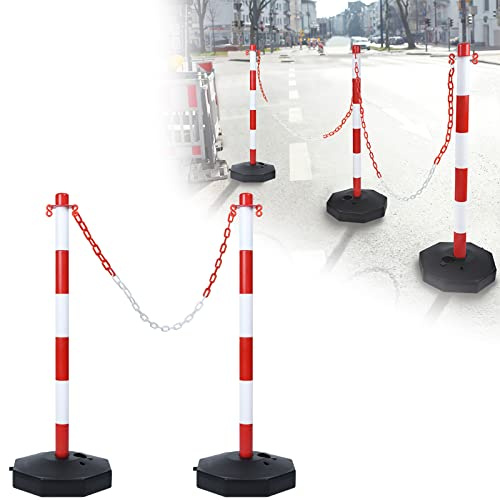 ROSEJANE 2 Stück 82cm Absperrpfosten, befüllbarer Standfuß, Rot & Weiß | Hochwertiges PP‑Kunststoffmaterial, rost‑ und verblassfest inkl. Verbindungskette, einsetzbar im Innen‑ und Außenbereich