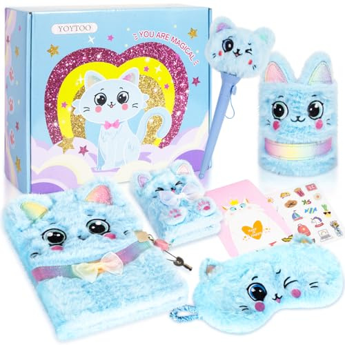 Pinkgarden Kattdagboksset – plysch journal anteckningsbok set med pennhållare, kulspetspenna, ögonmask och klistermärken – presentleksak för flickor i åldrarna 6–12