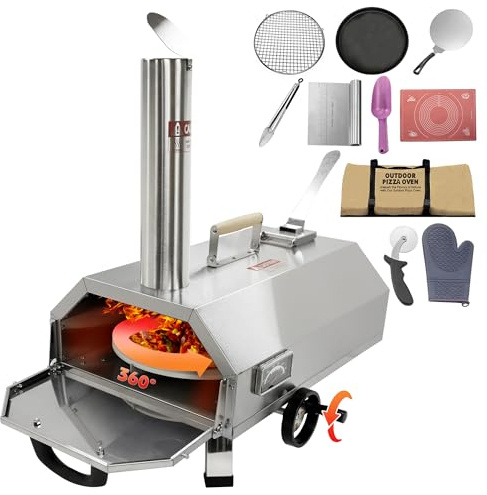 SumKea 30,5 cm, Holzbefeuert, manuell drehbar, tragbarer Pizzaofen aus Edelstahl, geeignet für Camping, Hinterhof, Silber