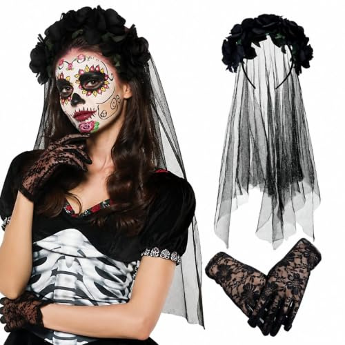 XIMEY Halloween Schleier, Tag der Toten Haarreif, Rosen Brautschleier Schwarz, Gothic Accessoires