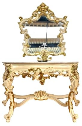 CasAmin Home & Living Tavolo consolle francese in stile antico e specchio a stella con piano in marmo grigio chiaro, consolle in stile barocco rococò effetto oro come decorazione per la casa