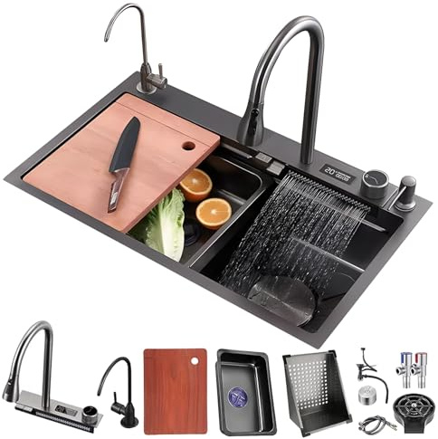 Fregadero Cocina 80x50cm, Multifuncional LED Fregadero de Cocina de 1 Cubeta, Negro Grande Fregadero de Acero Inoxidable, con lavadora de vidrio, Kit de Drenaje Filtro, sifón así como otros accesorios