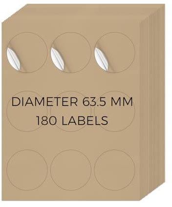 YIKIADA Kraft Universal Etiketten 63,5 MM Vinyl Selbstklebend Ablösbar Rund Aufkleber Bedruckbar Klebeetiketten Blanko Adressetiketten für Tintenstrahl- und Laserdruckern 180 Stück