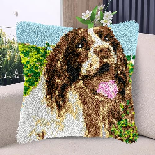 English Springer Spaniel Dog DIY Latch Hook Kits Pillow with Printed Canvas Handmade Cushion Crochet Yarn Embroidery Hook and Latch Kit Pillowcase Christmas Decoration 43x43cm