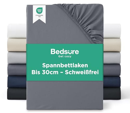 Bedsure Spannbettlaken 180x200cm Bis 30cm - Bettlaken 180 x 200 Boxspringbett, Oeko-TEX Zertifiziert Spannbetttücher, Gebürsteter-Mikrofaser, Hautfreundlich Weich & Pflegeleicht, Anthrazit-grau