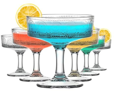 TOLASTO 6 vasos vintage de 200 ml, copas de Martini en relieve, copas de cóctel estriadas florales, copas de margarita transparentes únicas, cristalería romántica para cóctel, vino, champán