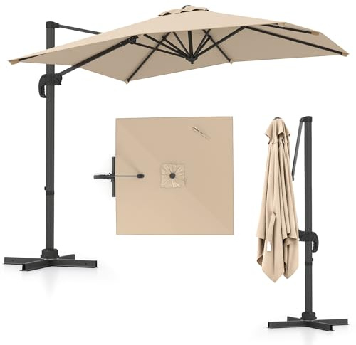 COSTWAY parasoll rektangulärt 250 x 250 cm, stort trafikljus med vev, trädgårdsparaply lutbart, 360° roterbart, terrassparaply, marknadsparaply för trädgård, terrass, balkong (beige)