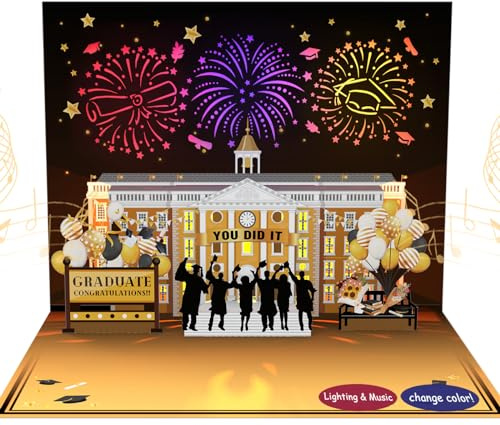 Abschlusskarte, 3D Pop-Up Music & Lights 2025 Graduation Karten mit Feuerwerk, Graduation Celebration School Architectural, Gifts for College (Black)